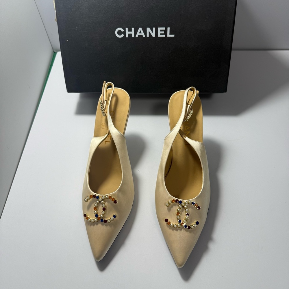 Chanel Cream Satin Multi-Gem CC Logo Pointed Flats